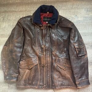 Context Leather Field Jacket Medium Regular Brown Distressed Quilted Lining